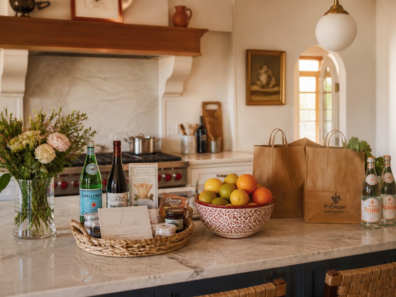 Vacation rental kitchen prepared for arrival with grocery bags, fresh fruit, drinks, a welcome snack basket, flowers and coral balloons